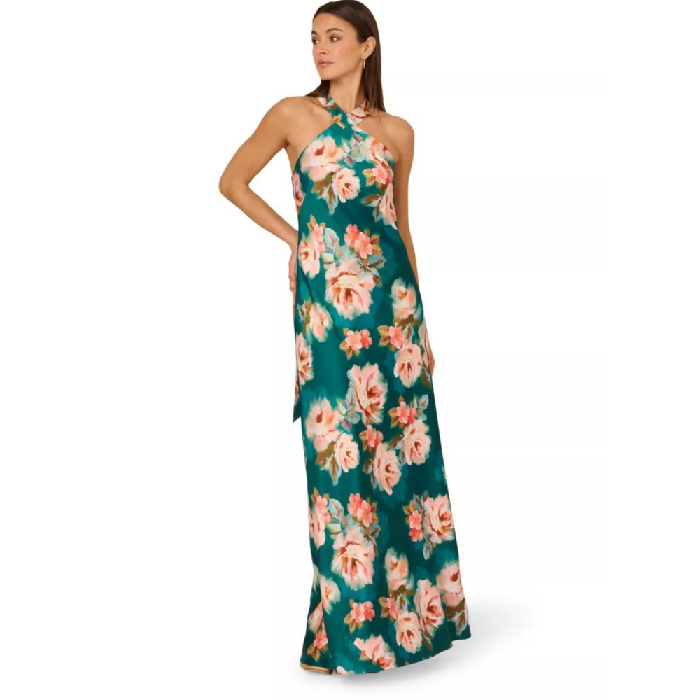 Adrianna Women's Sleeveless Halter Gown - Teal Multi, Size 12, MSRP: 245$